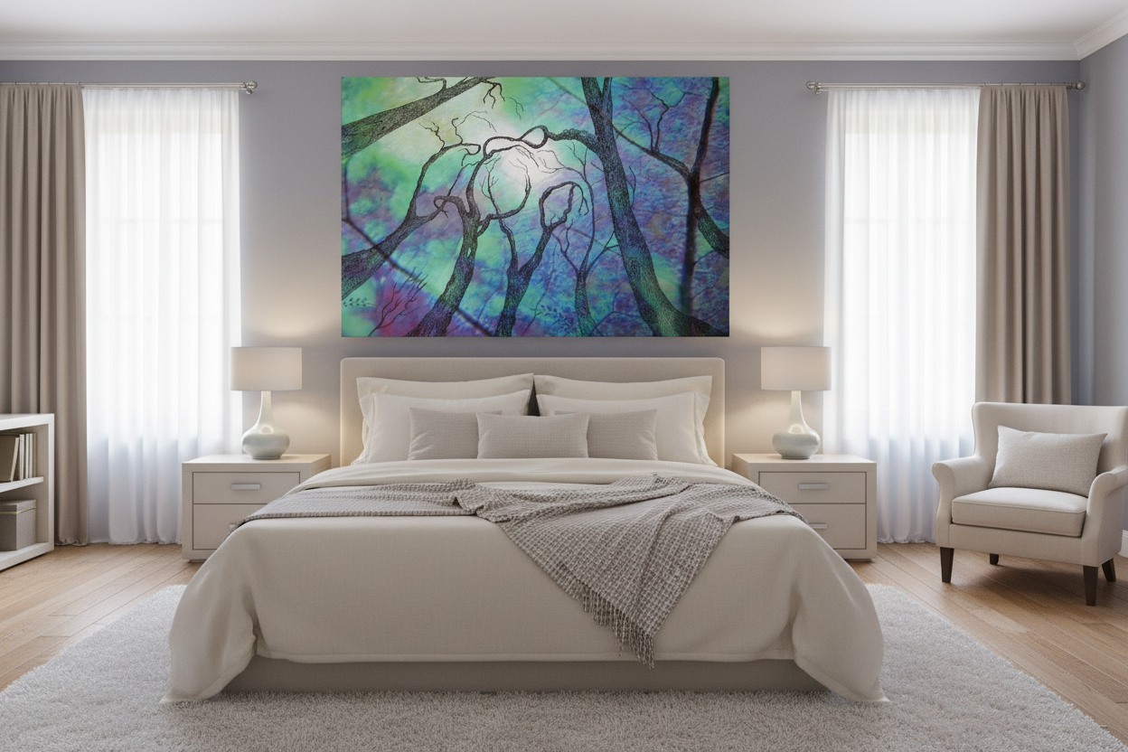 Glorious mosaic artwork displayed in a serene bedroom