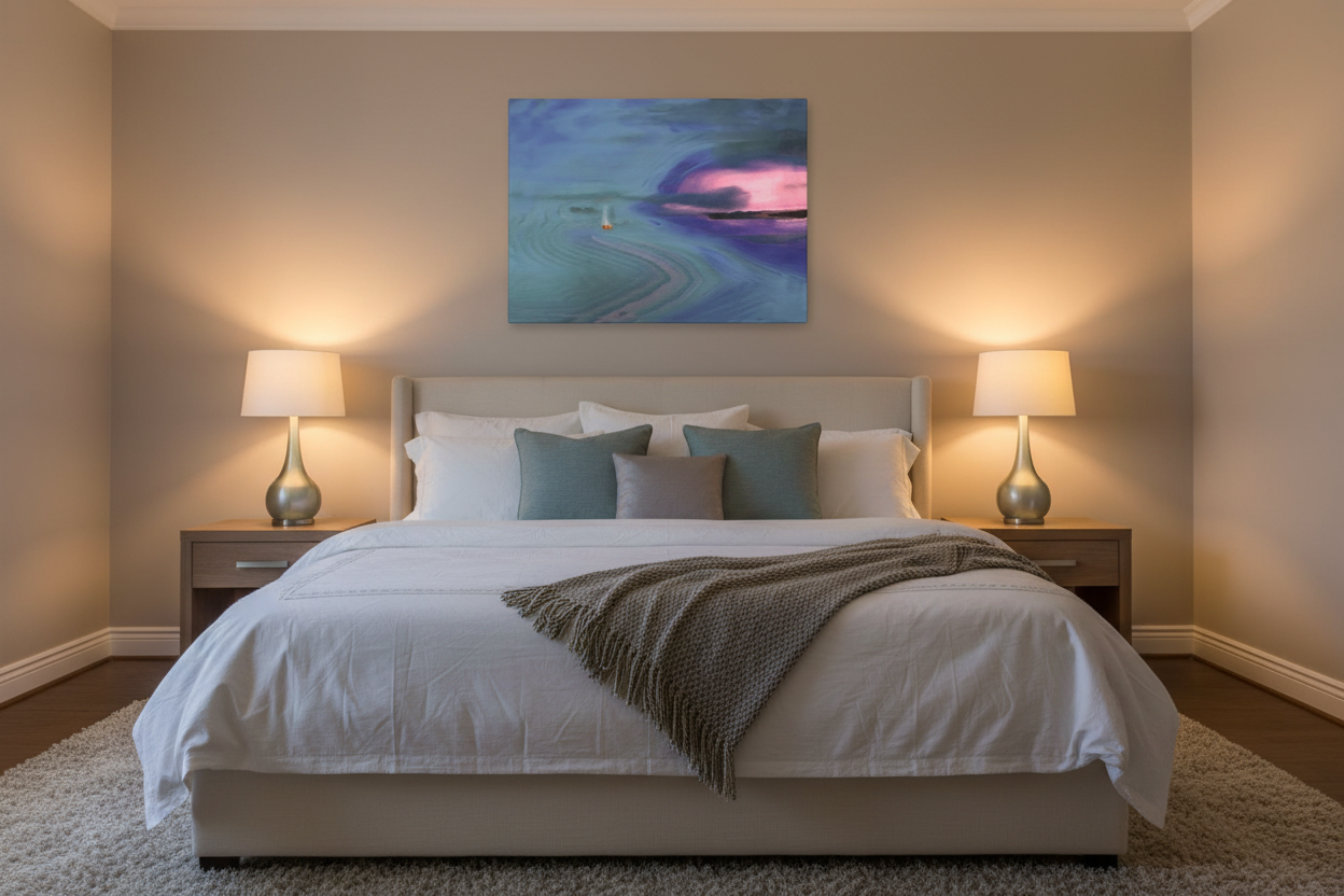 Florida Keys Canvas Art displayed in a bedroom with low warm lighting