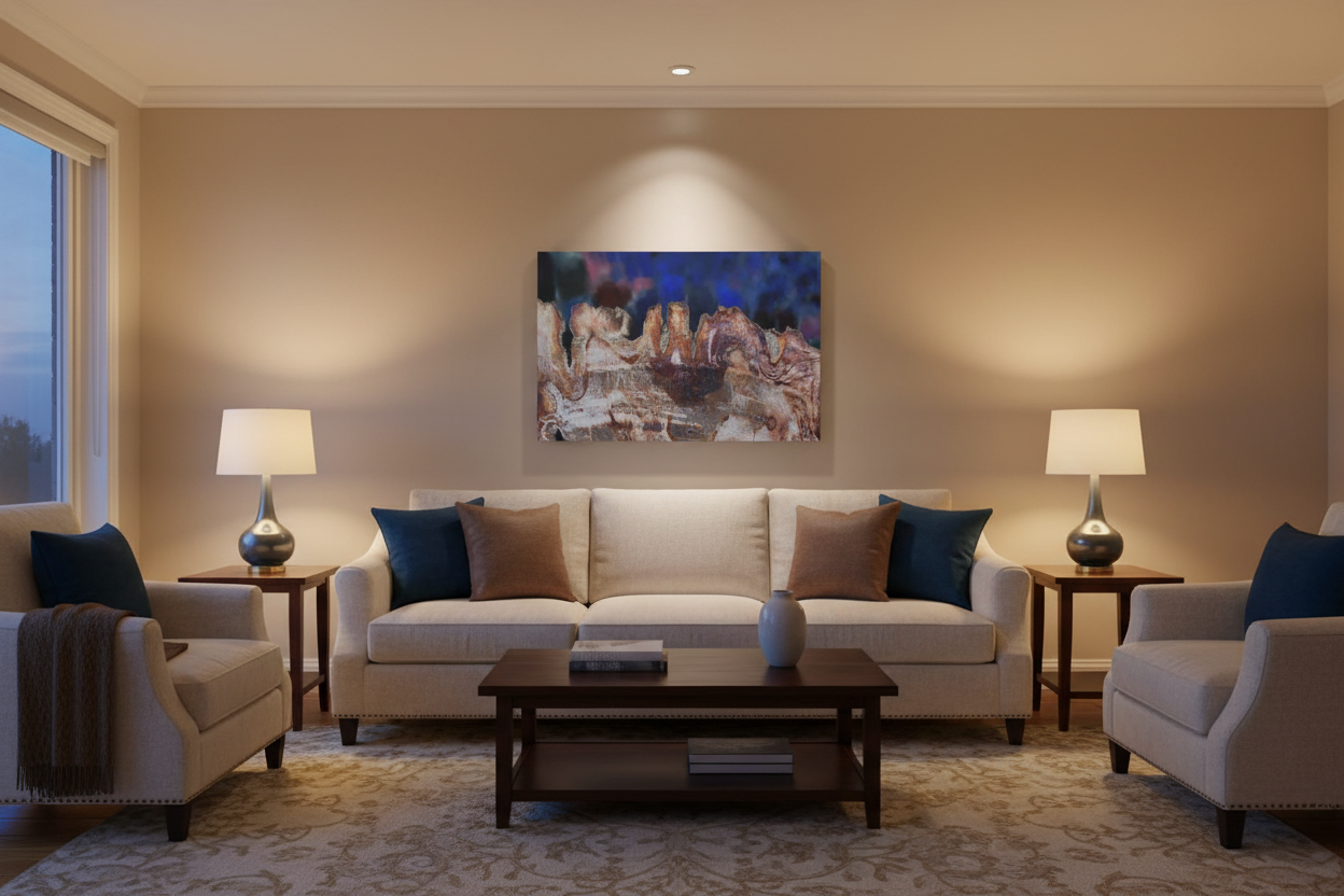 Mystic Landscape Canvas Art Print displayed in a living room with low warm lighting