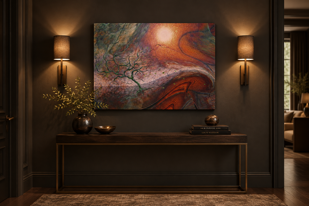 Windswept Leaf hand-finished canvas on a dark grey entryway wall between two wall lamps