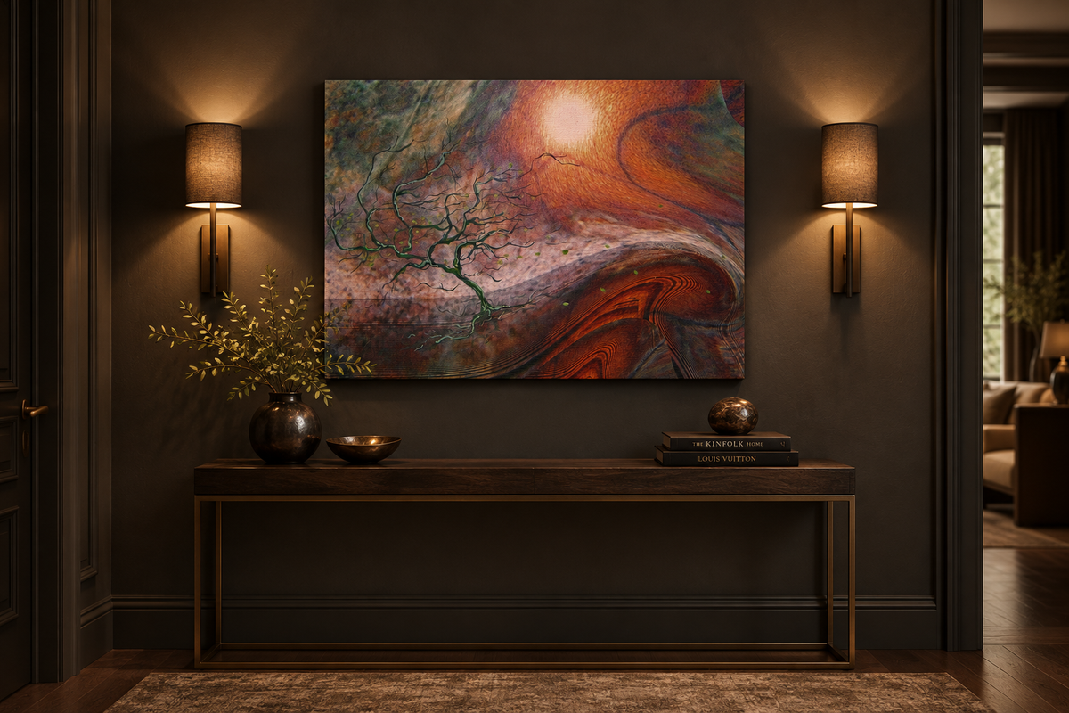 Windswept Leaf hand-finished canvas on a dark grey entryway wall between two wall lamps