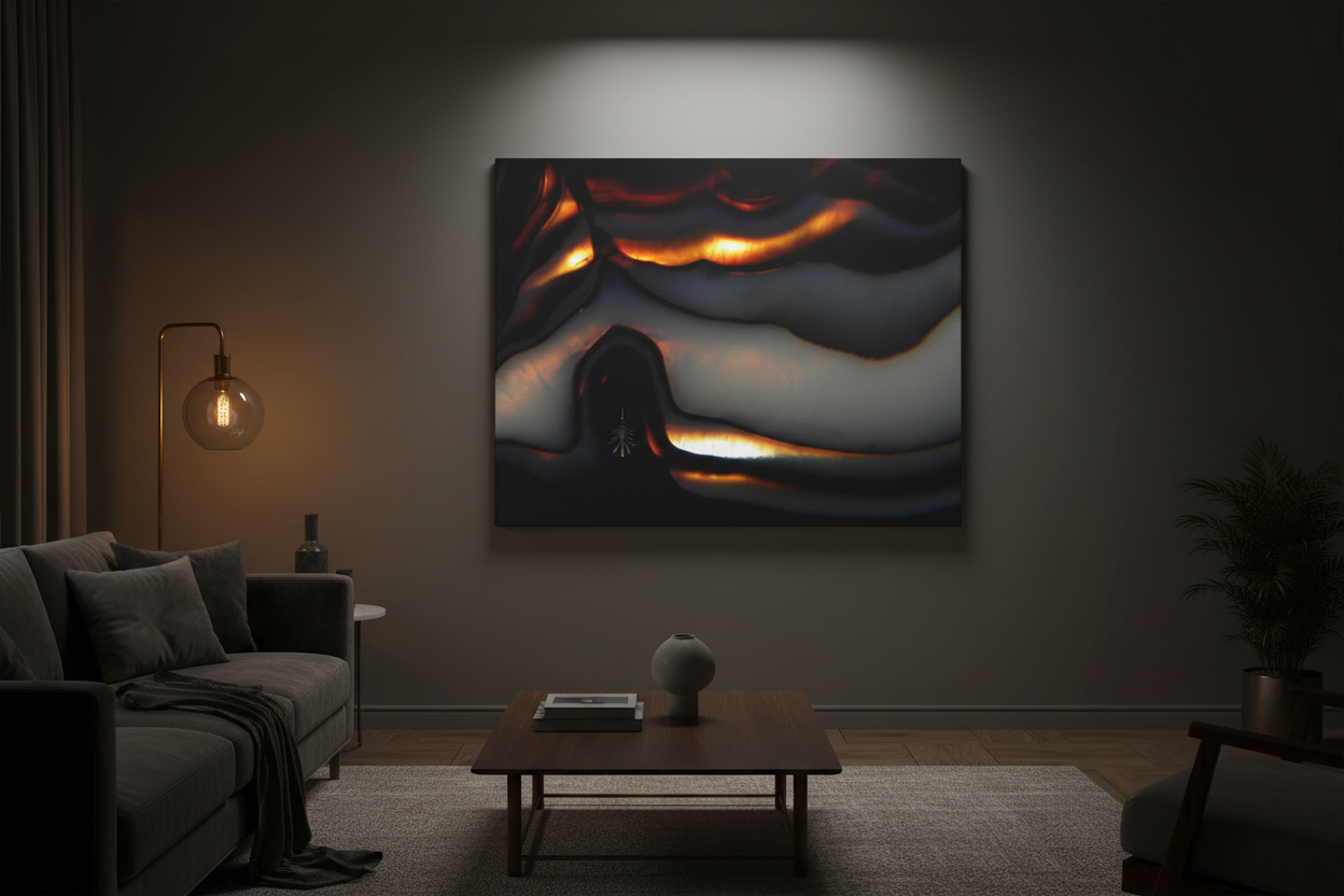 Artwork displayed in low light living room