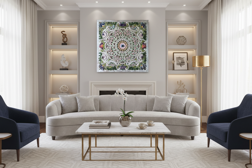 Glorious mosaic artwork displayed in an elegant living room