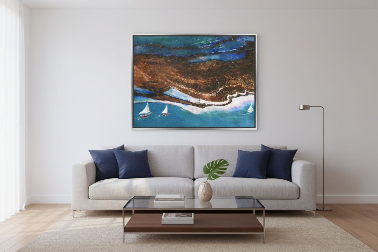 Artwork in silver frame displayed in elegant living room