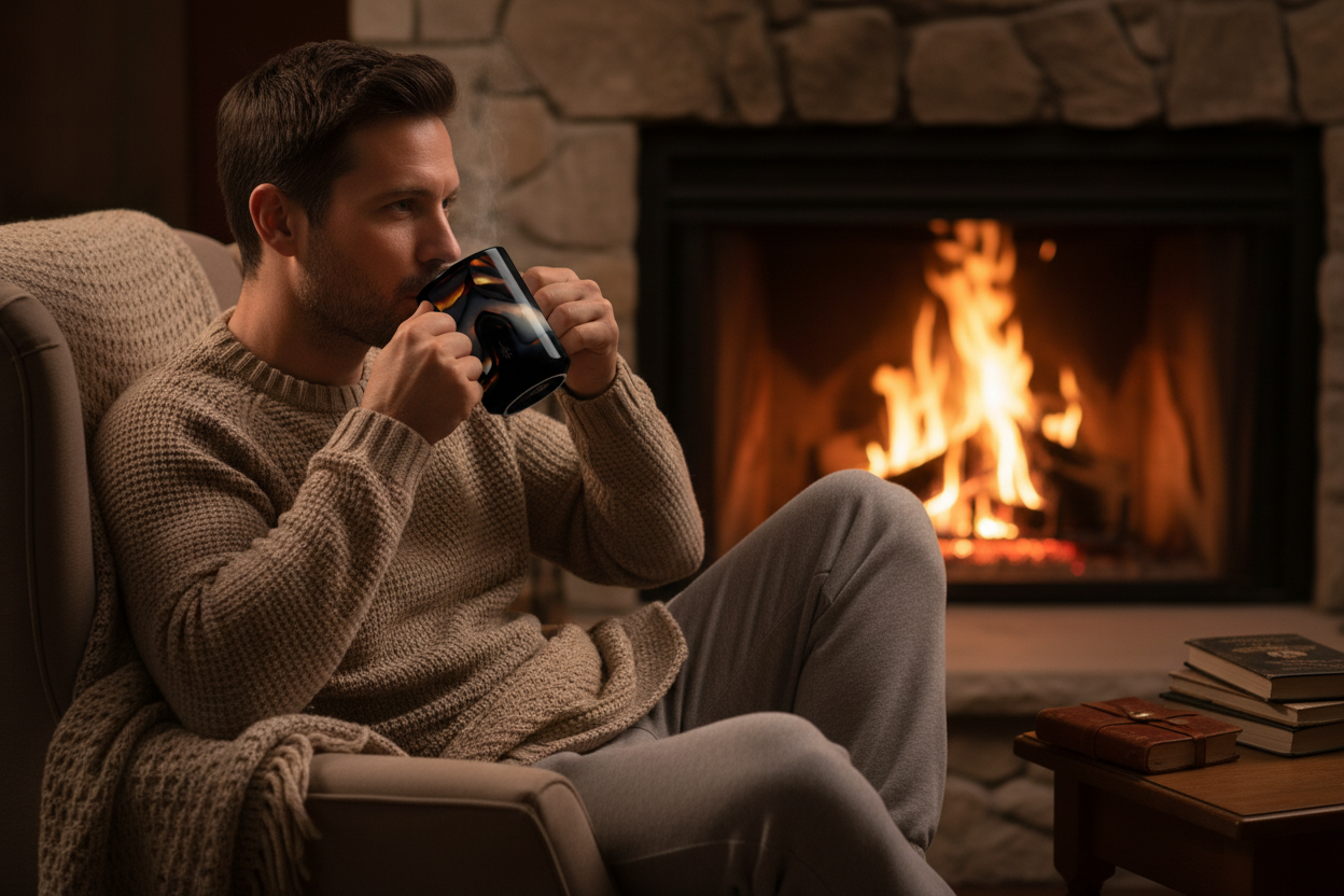 Man sitting by fireplace holding black art mug