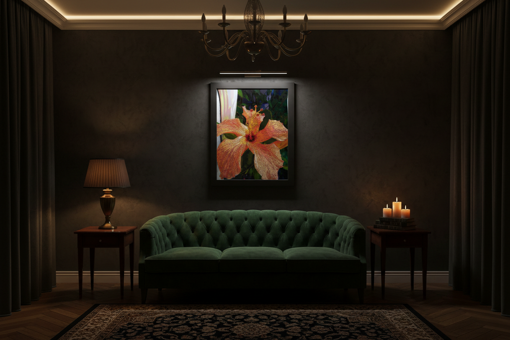 Artwork displayed in a moody, darker room setting