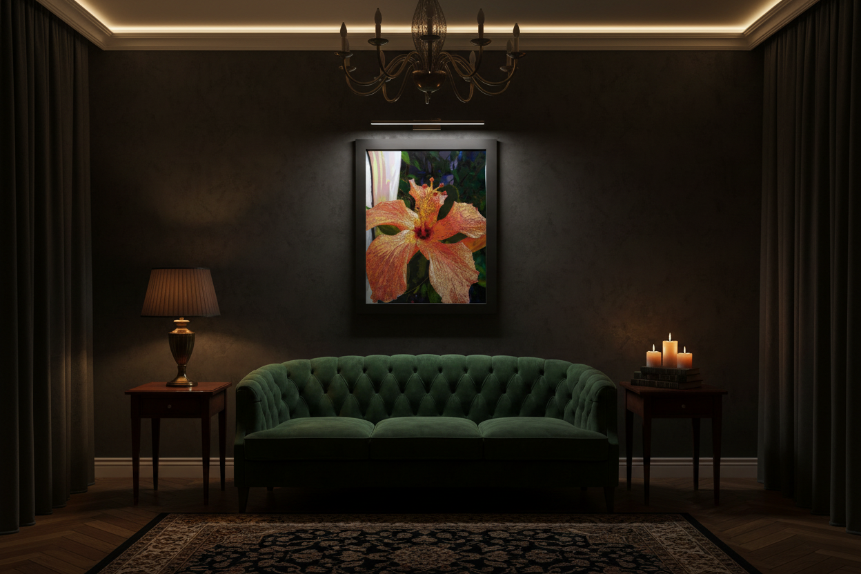Artwork displayed in a moody, darker room setting