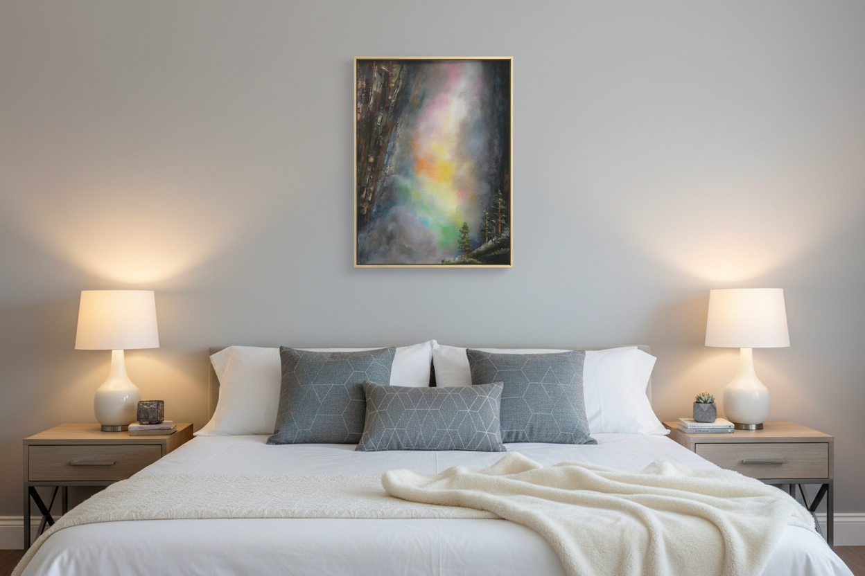Artwork in light gold frame displayed in stylish bedroom