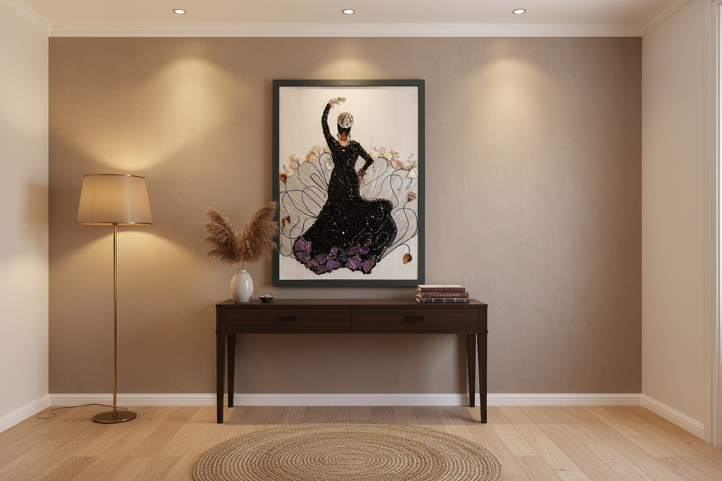 My Carmen mosaic with semiprecious stones on wood displayed in an elegant home entryway