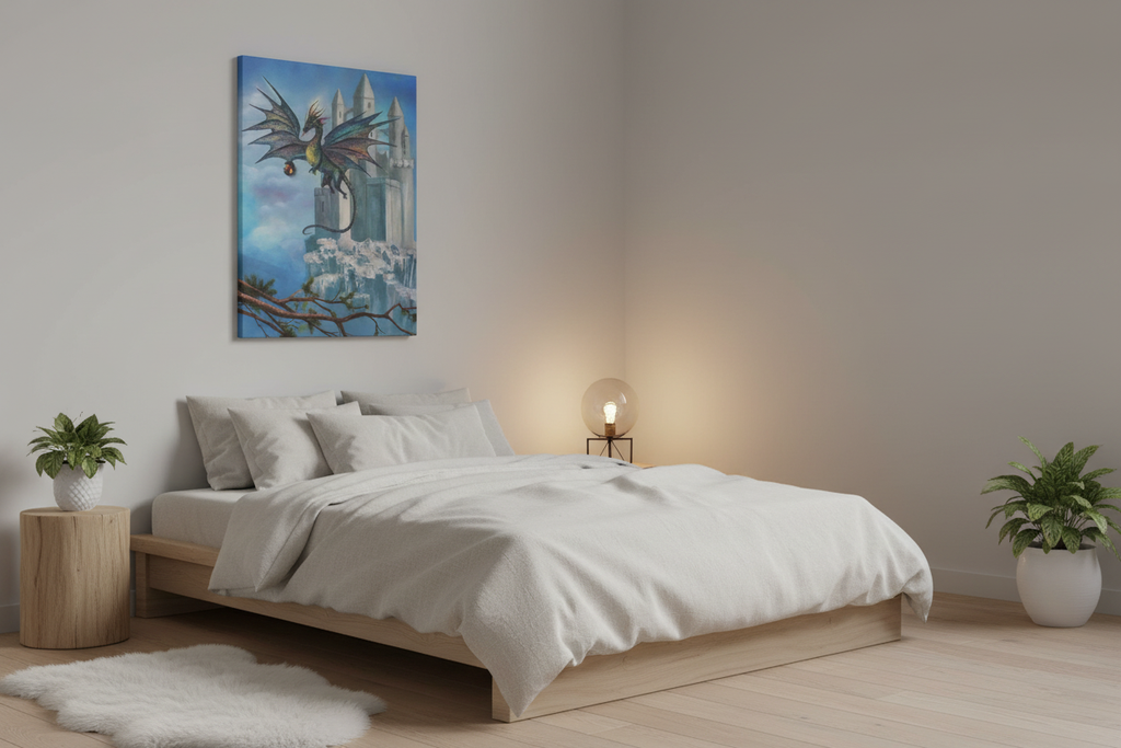Artwork displayed in Scandinavian style bedroom