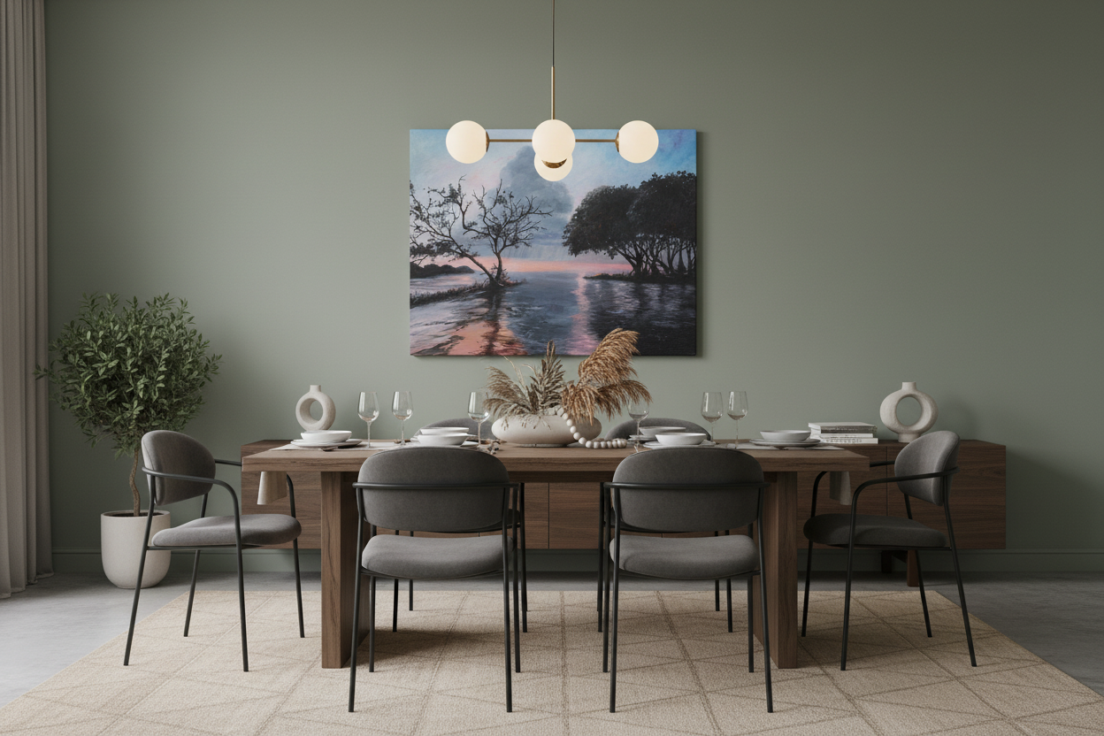 Wall art displayed in an elegant dining room lifestyle setting