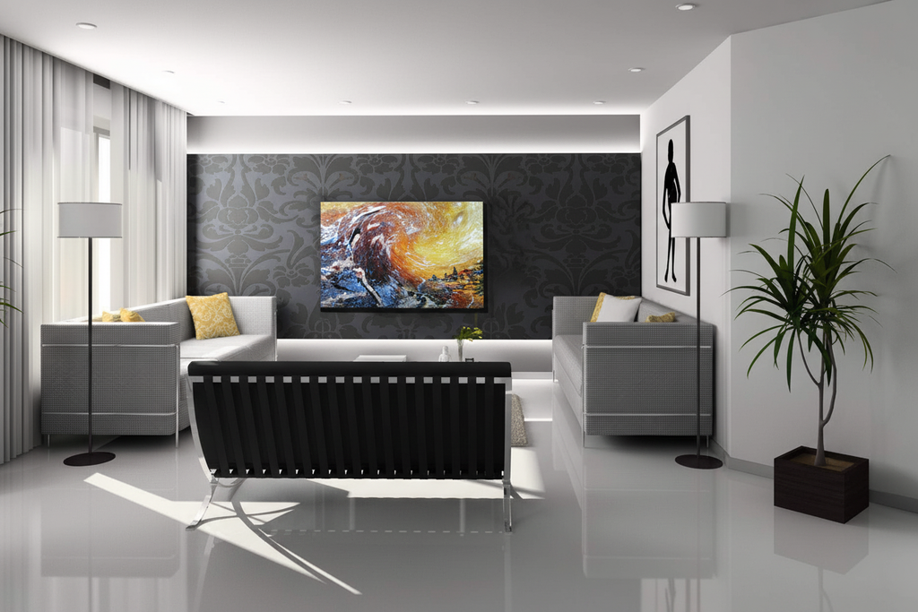 Abstract artwork displayed in modern living room with dark accent wall