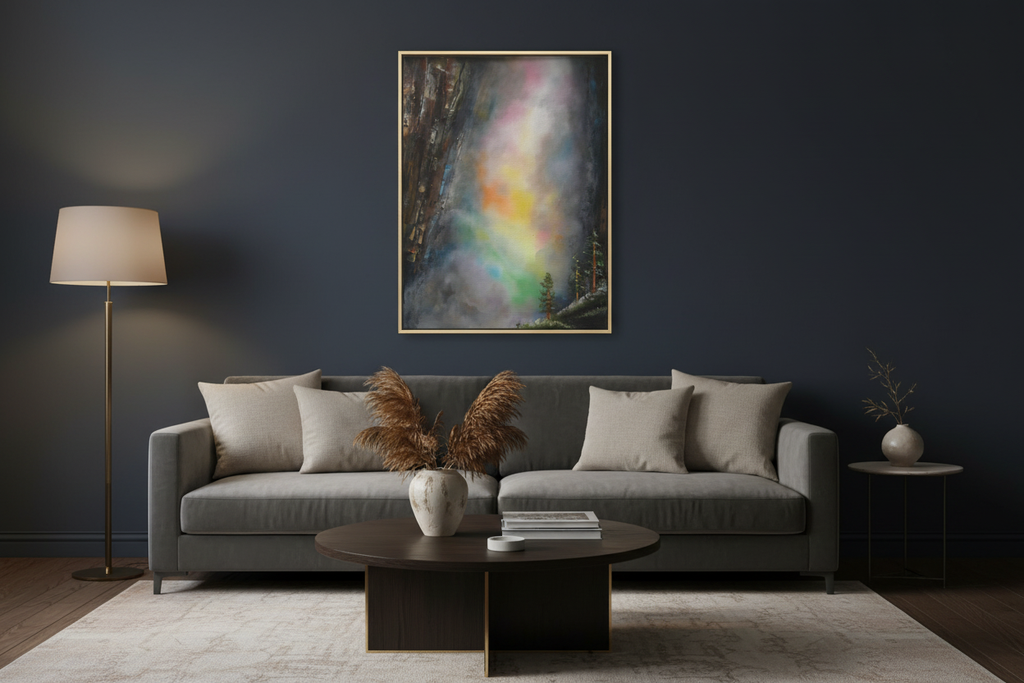 Artwork in light gold frame with no mat in low light living room