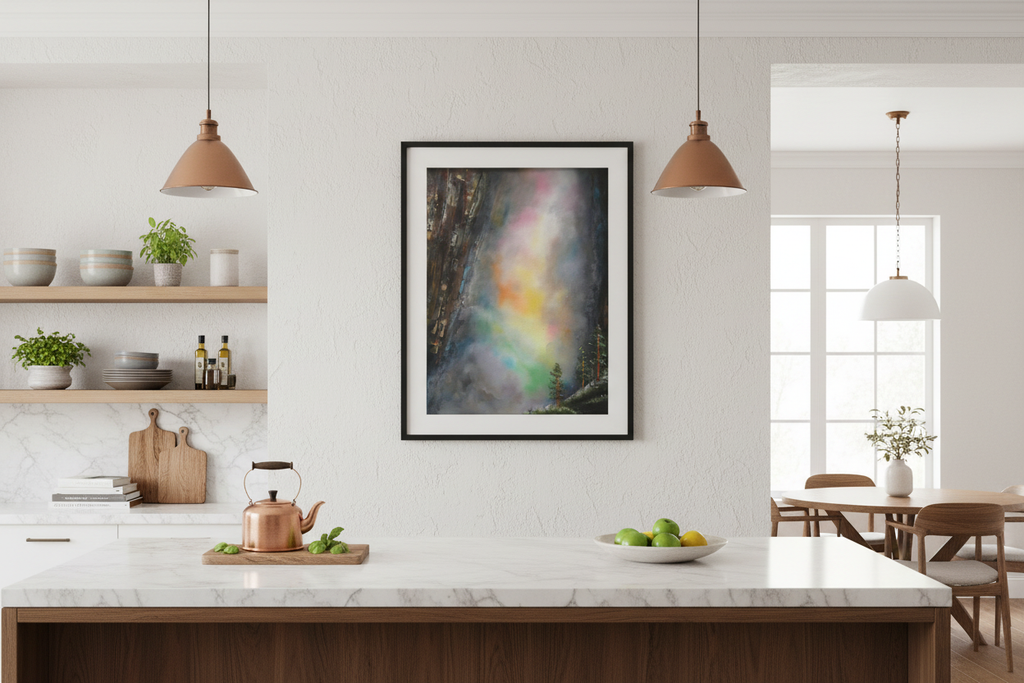 Wall art displayed in a modern kitchen lifestyle setting