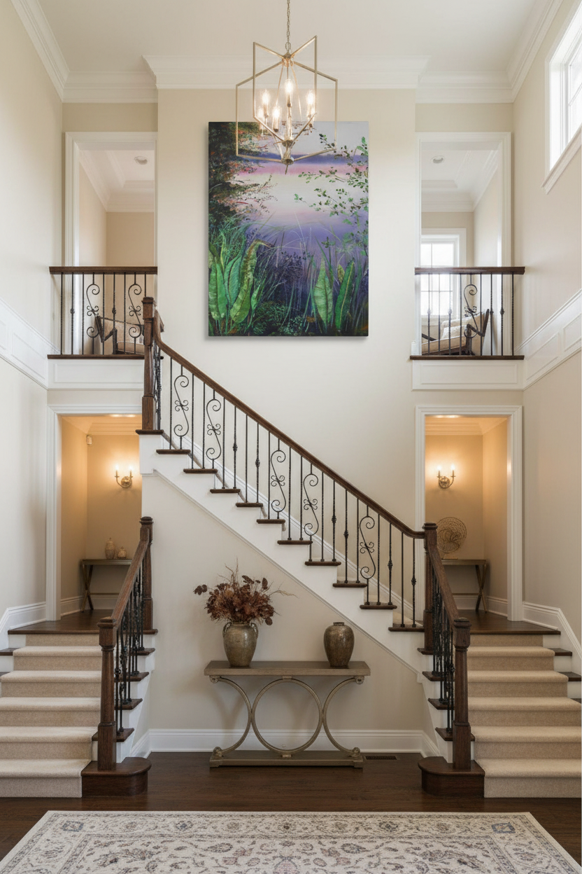 Artwork displayed as large canvas on two-story staircase wall