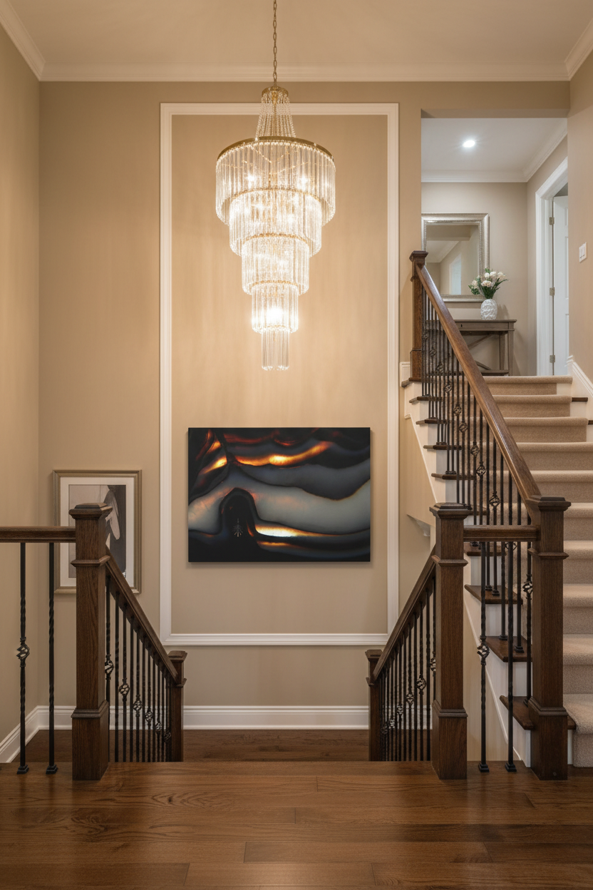 Artwork displayed on two-story staircase wall with chandelier