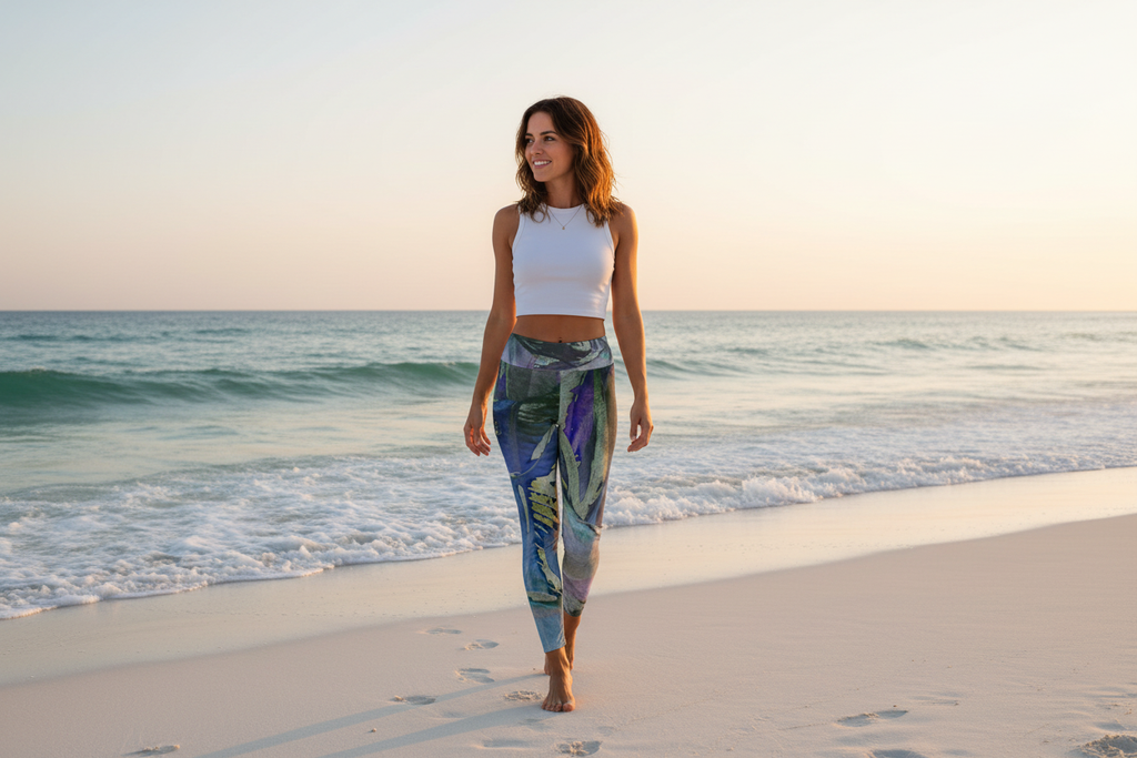Girl walking on beach wearing Women's High Waist Leggings Blue/Green