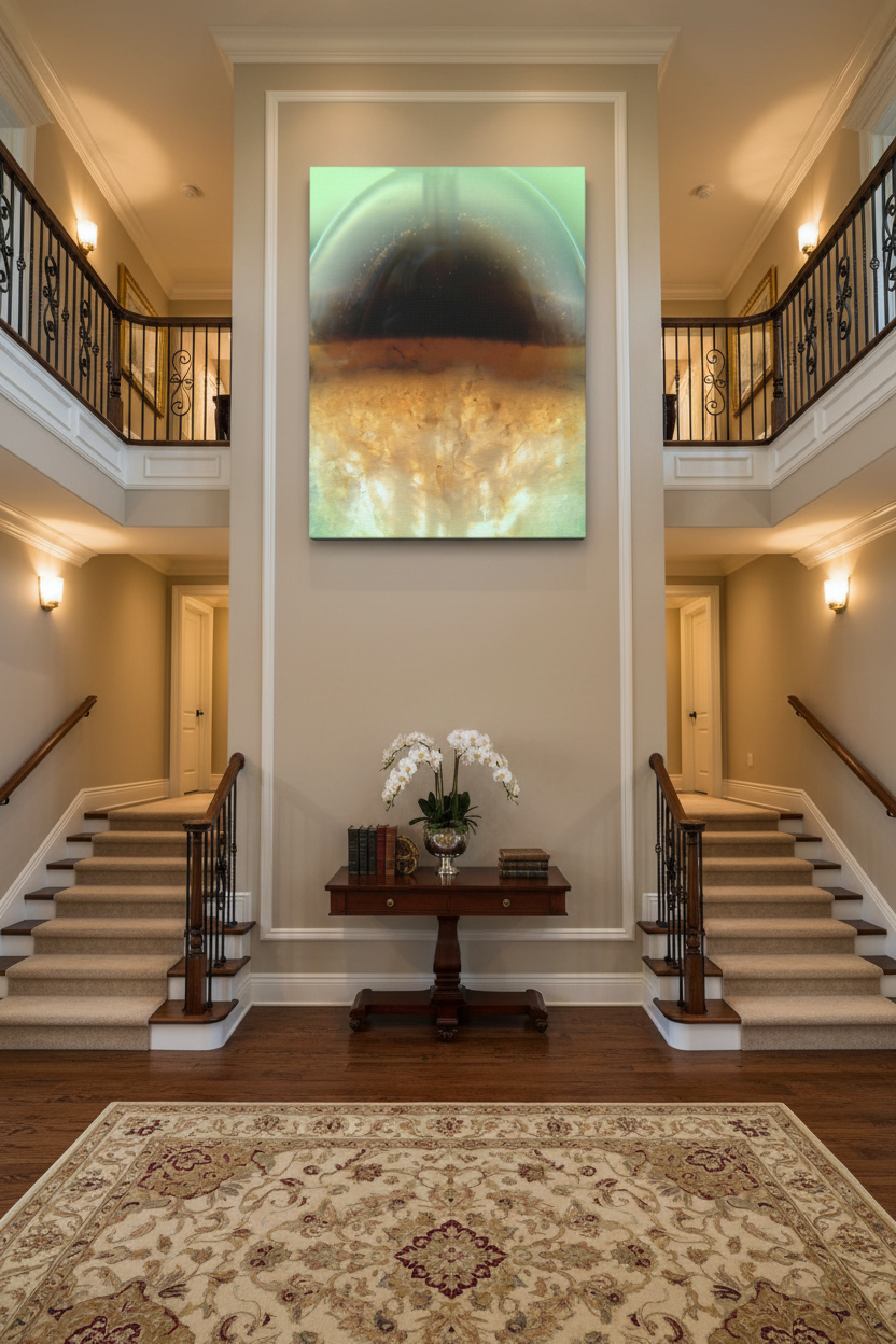Artwork displayed as large canvas on two-story staircase wall