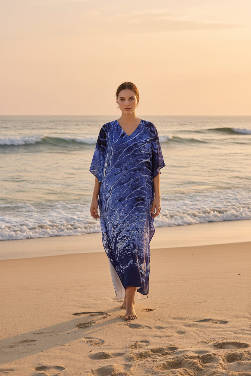 Woman wearing Blue V-neck dress walking on the beach