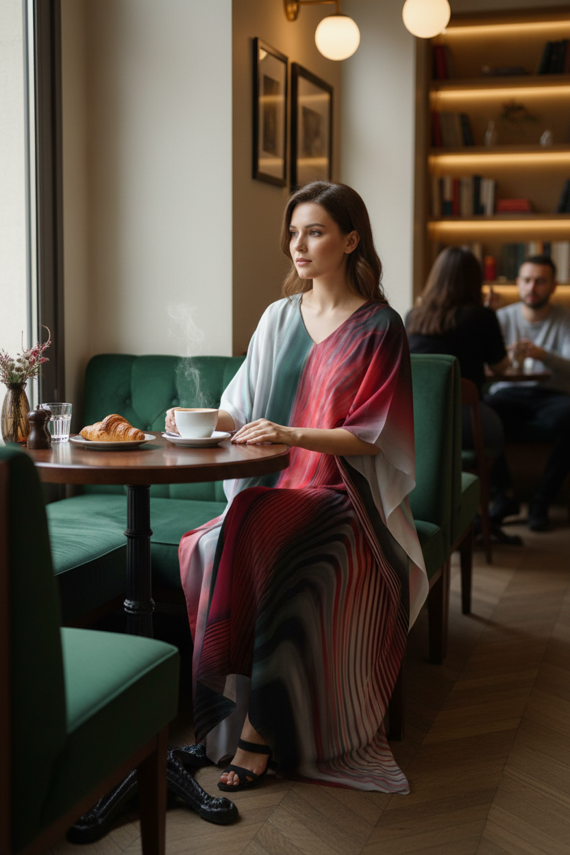 Woman wearing Red/Gray V-neck dress sitting in a café