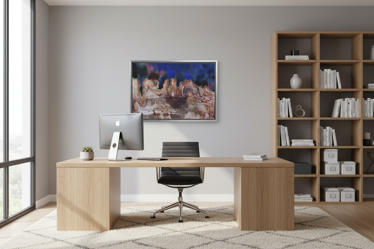 Mystic Landscape Canvas Art Print in silver frame displayed in a modern home office