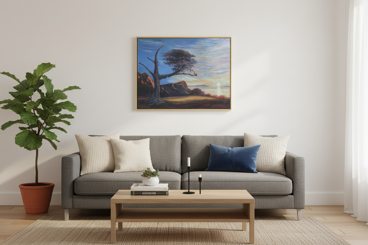 Wall art displayed in a modern living room lifestyle setting