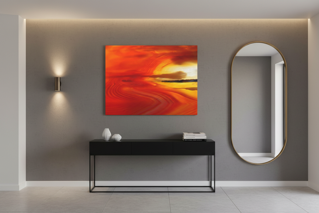 Agate Landscape microphotography canvas print displayed in a stylish entryway with gray walls