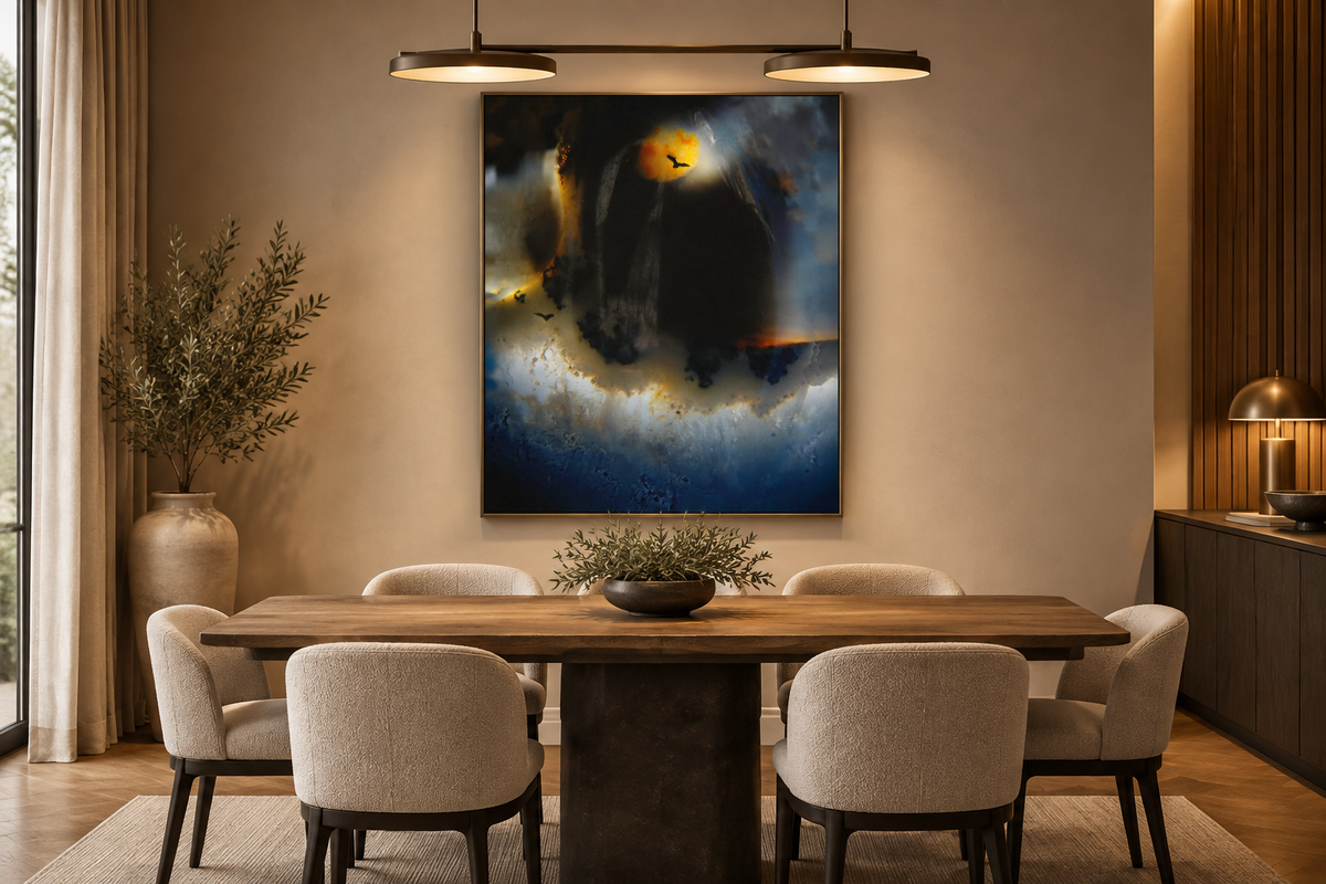 Storm canvas displayed in an elegant dining room with warm balanced lighting