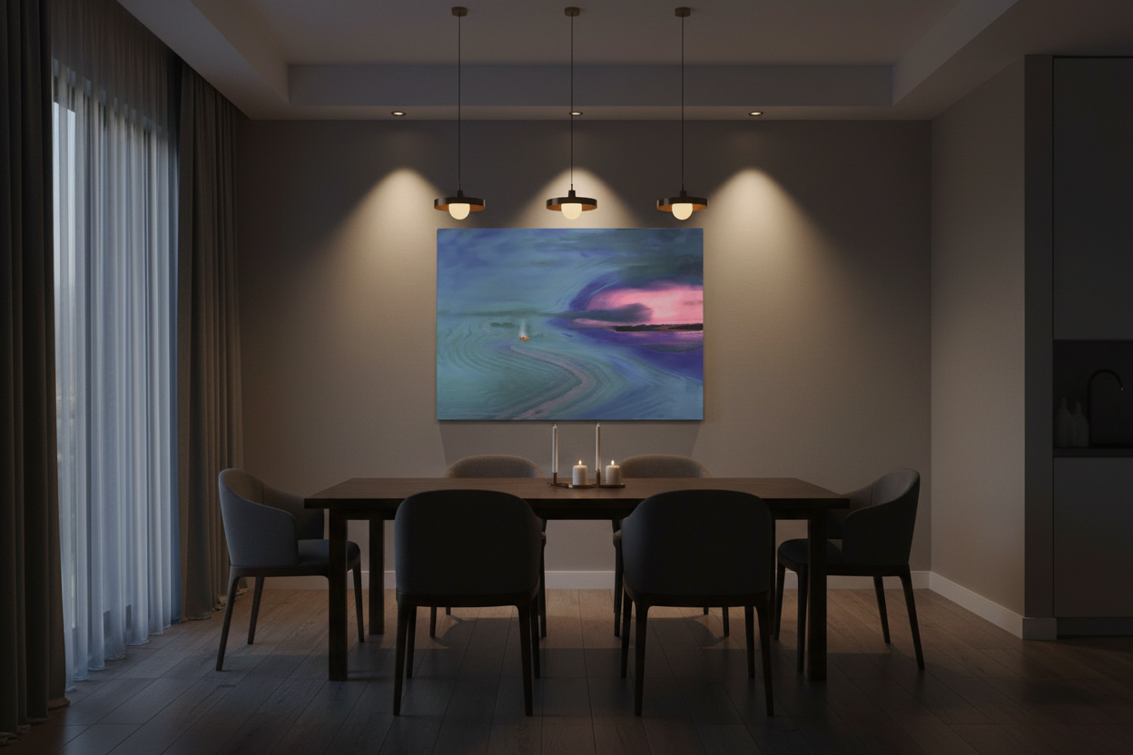 Florida Keys Canvas Art displayed in a dining room with low warm lighting