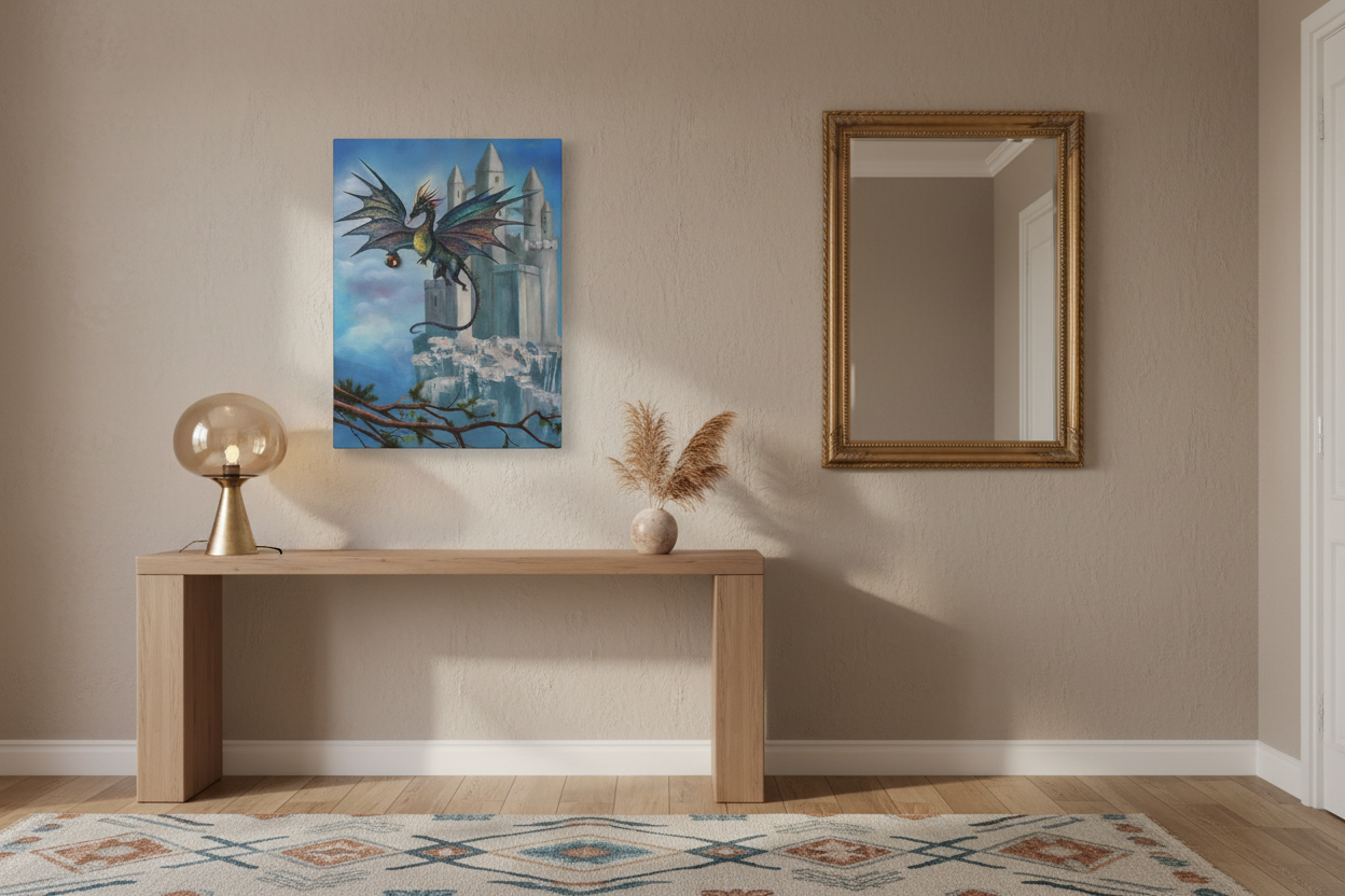 Artwork displayed in elegant home entryway