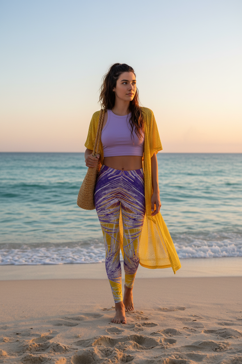 Woman wearing yellow/lilac orchid-patterned leggings at the beach