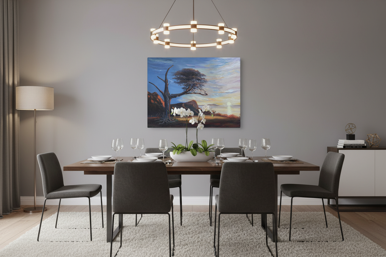 Wall art displayed in an elegant dining room lifestyle setting
