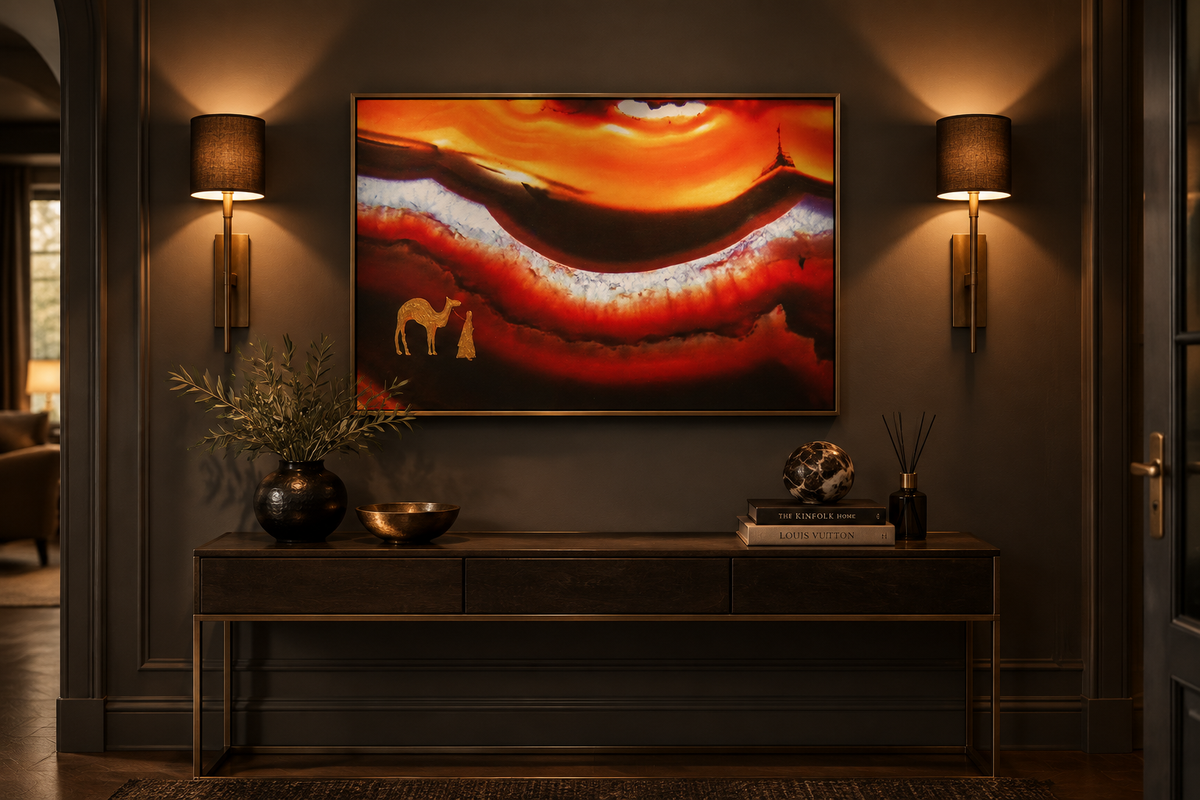 The Long Road in the Dunes canvas on a dark grey entryway wall between two wall lamps