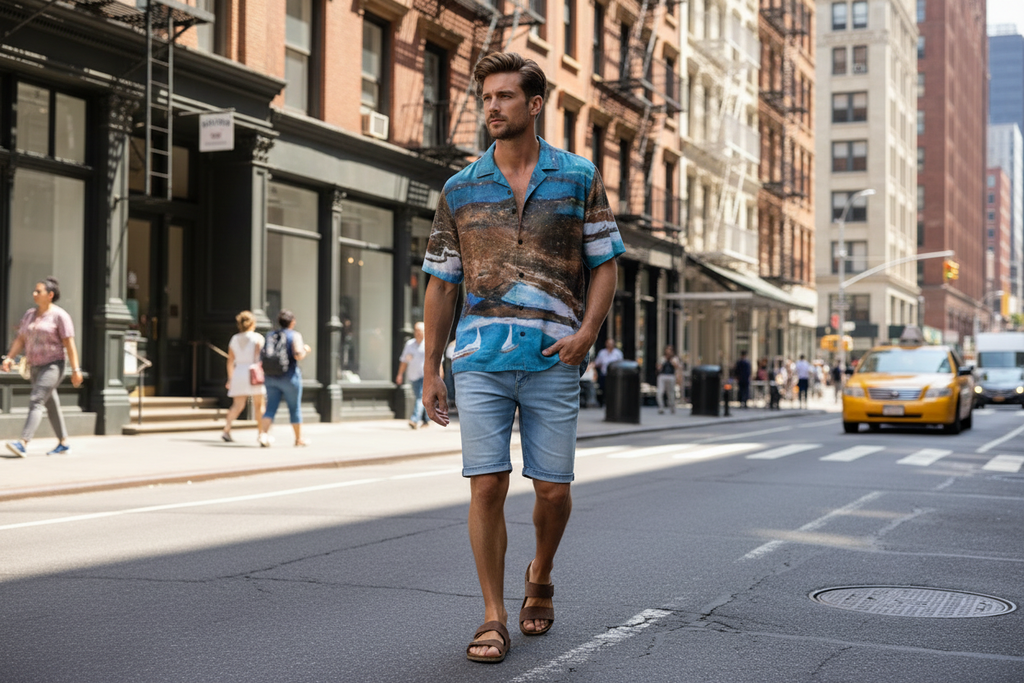 Man wearing blue Hawaiian rayon shirt walking in the street