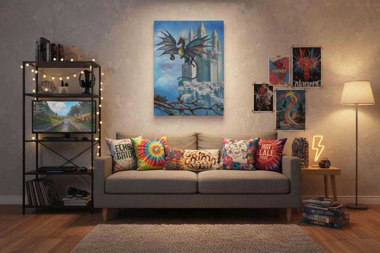 Artwork displayed in teenager's living room with casual sofa