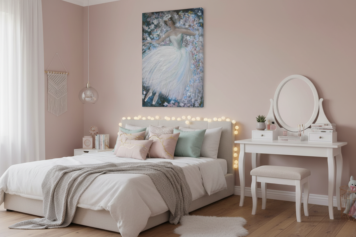 Artwork displayed in girl's bedroom with soft feminine decor