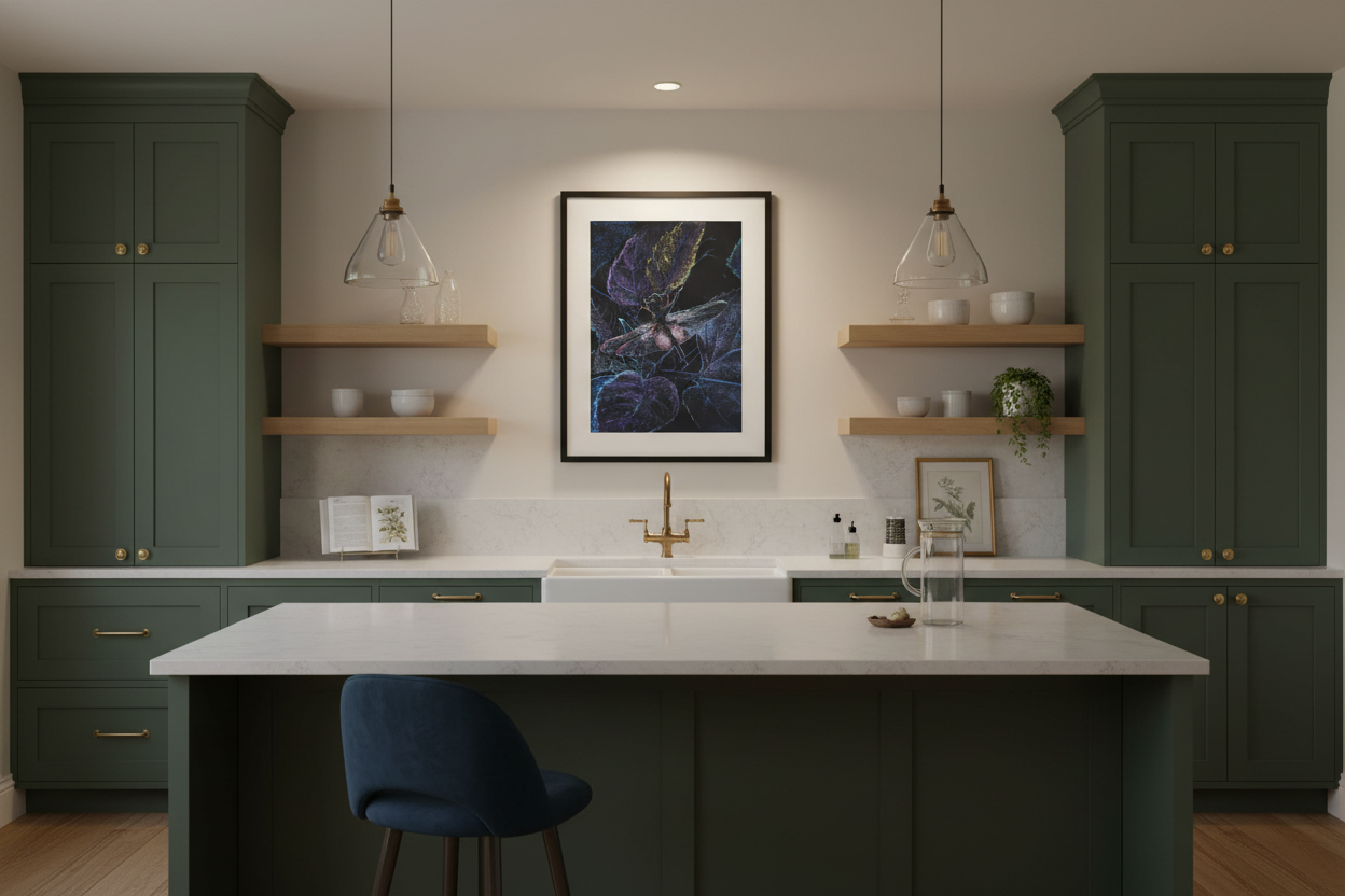 Artwork displayed in stylish kitchen with warm low ambient lighting
