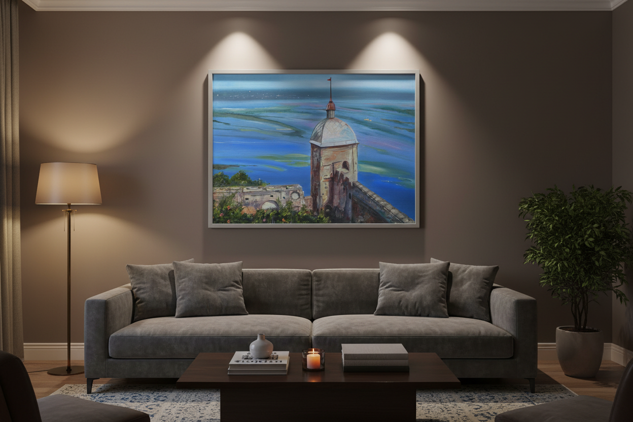 Artwork in silver frame displayed in low light living room