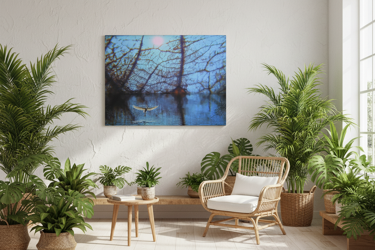 Artwork displayed in Florida-inspired setting with lush evergreen tropical plants