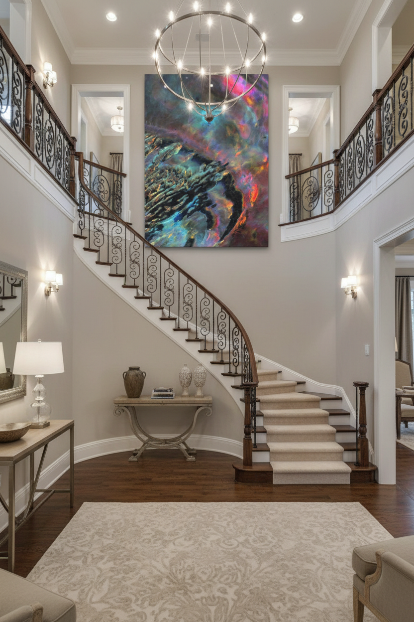 Artwork displayed as large canvas on two-story staircase wall