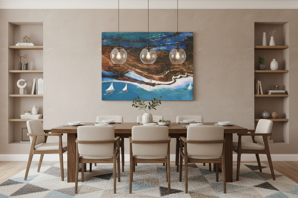 Coastal Sailing microphotography canvas print in an elegant dining room