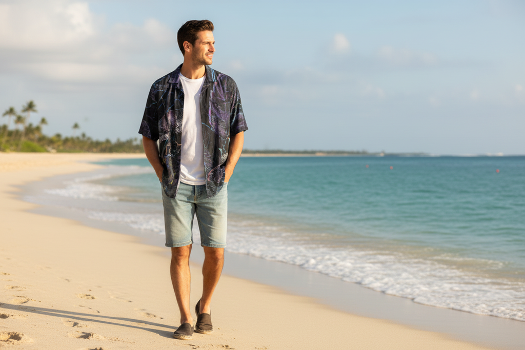 Man wearing dragonfly Hawaiian rayon shirt walking on the beach
