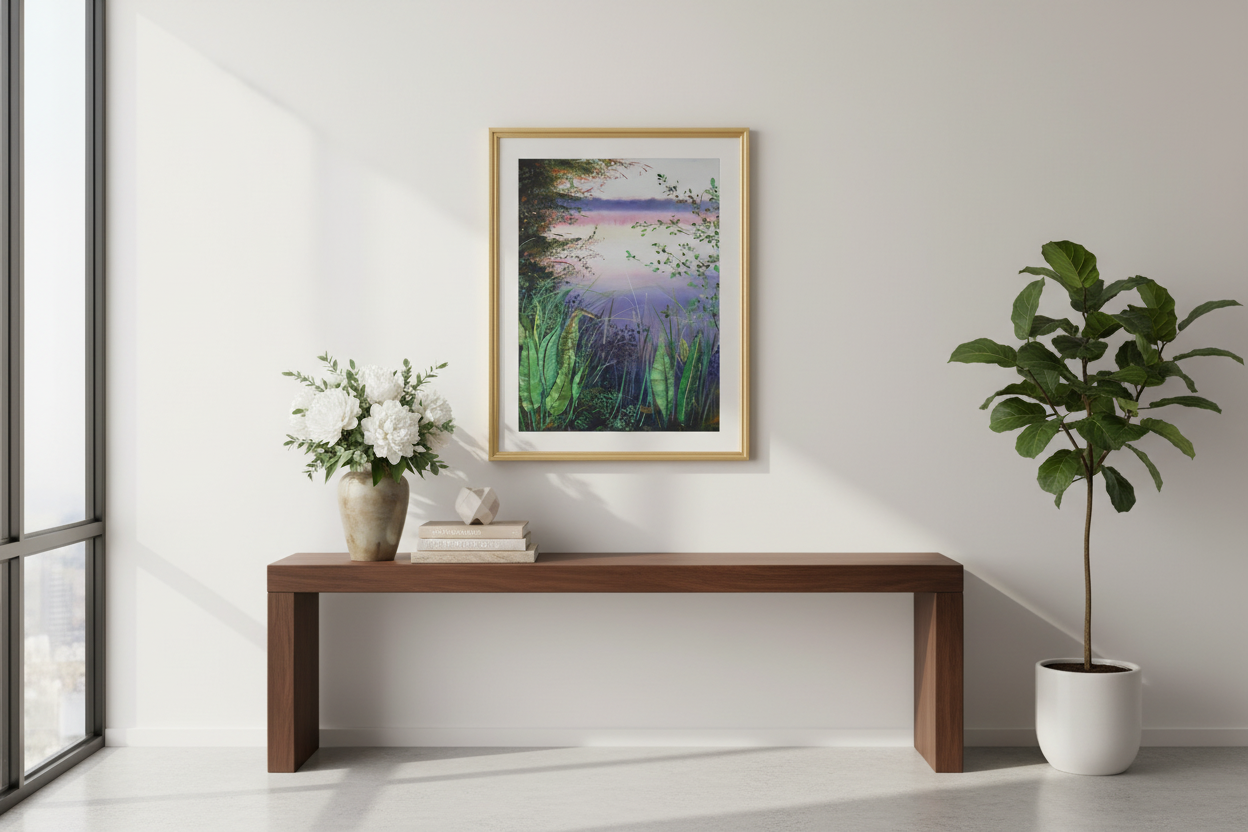 Wall art framed and displayed in an elegant entryway foyer with natural light