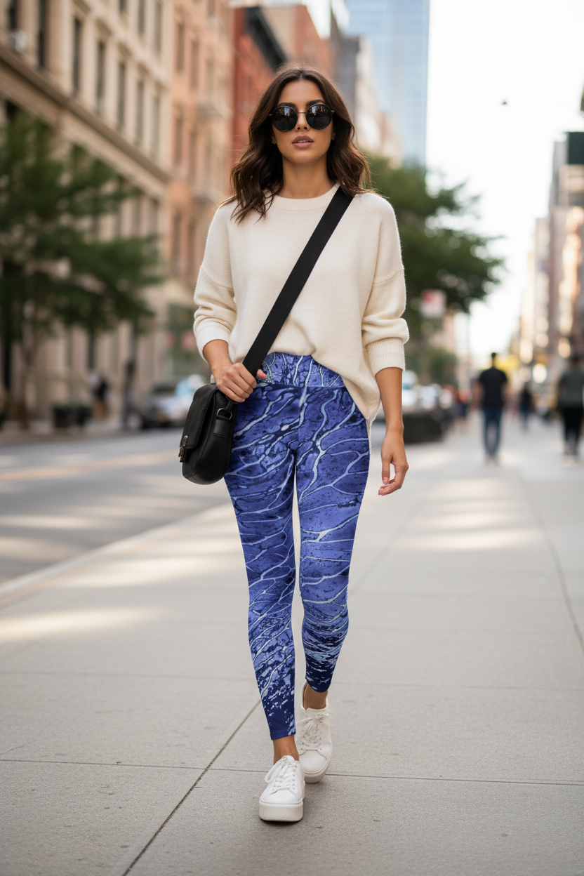 Woman walking on city street wearing orchid-patterned leggings as streetwear