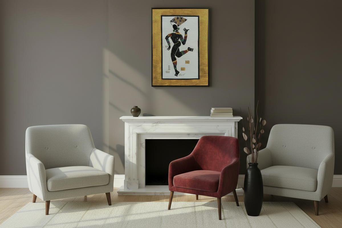 Mujer Solitaria semiprecious stone mosaic displayed above a fireplace with a red chair and floor vase