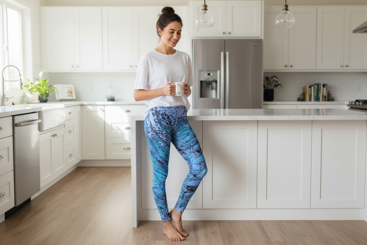 Woman in kitchen at home wearing blue and black leggings