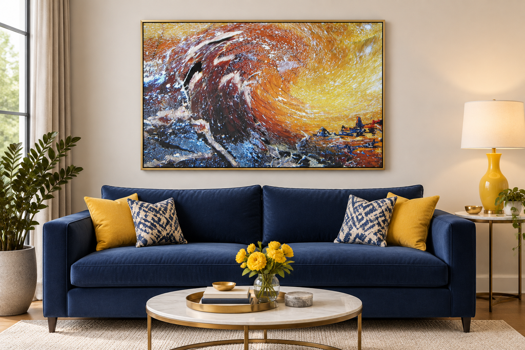 Tidal Majesty canvas displayed above a navy blue sofa with a yellow lamp