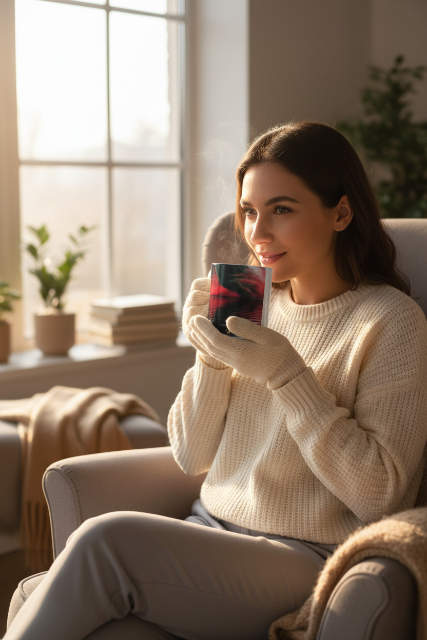 Elegant woman drinking coffee from a red feathers color changing mug