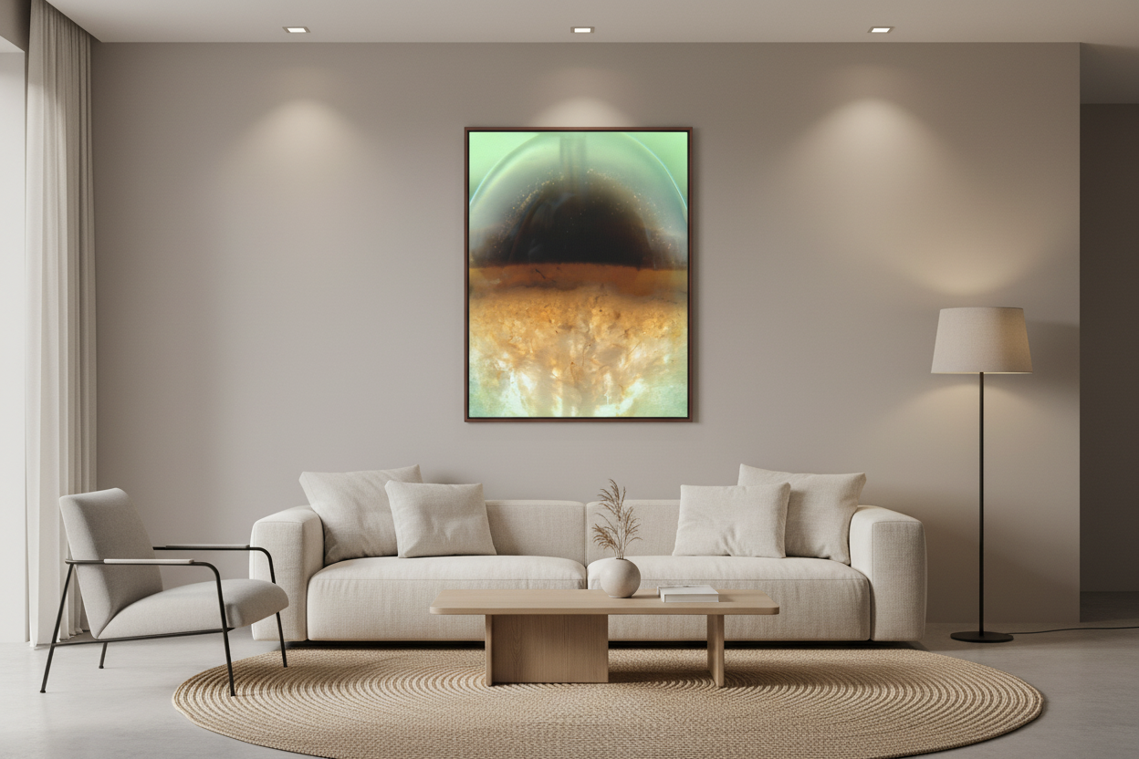 Sphere abstract canvas print displayed in a modern living room