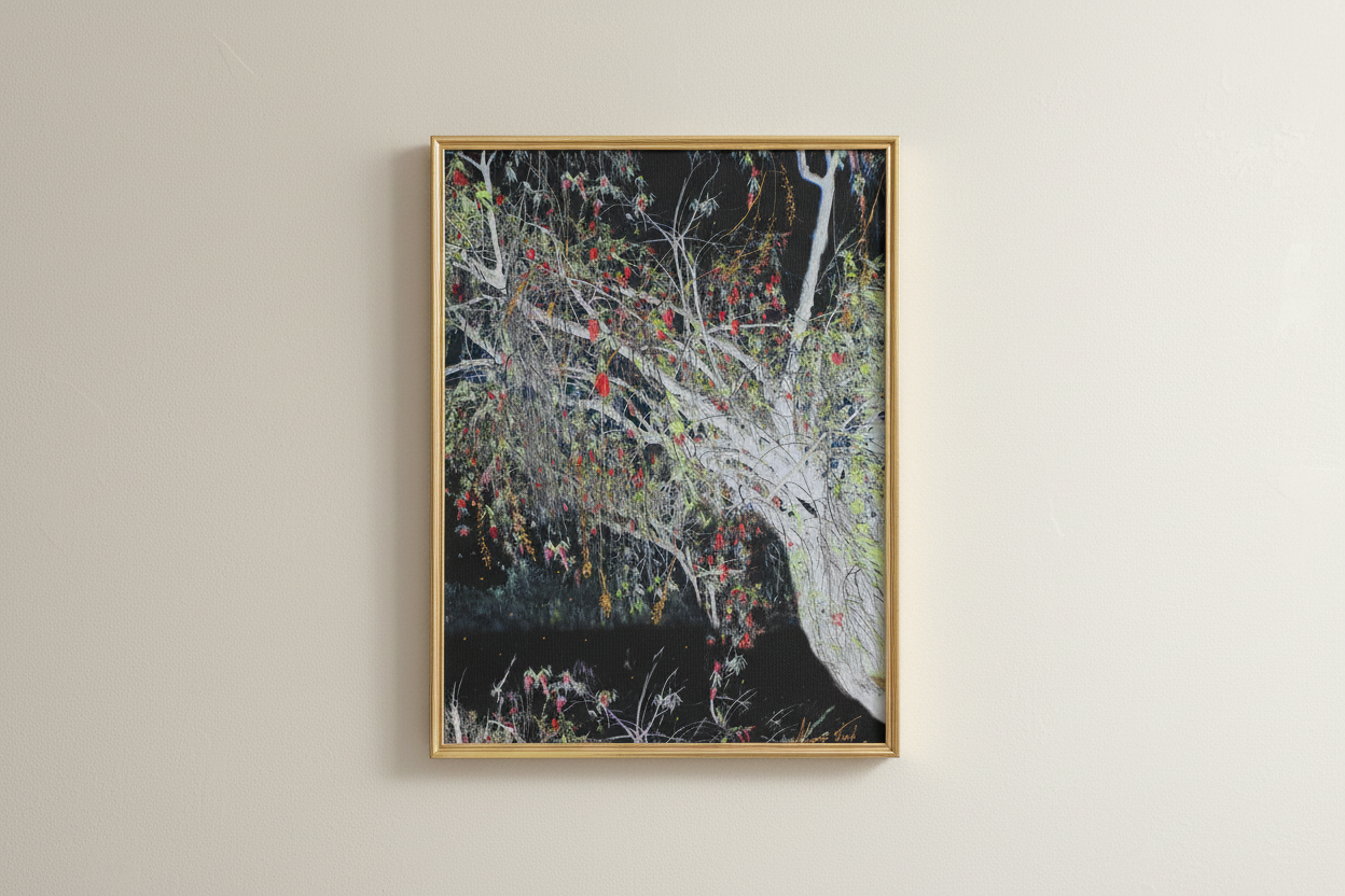 Tree of Heaven spring landscape artwork in thin gold frame